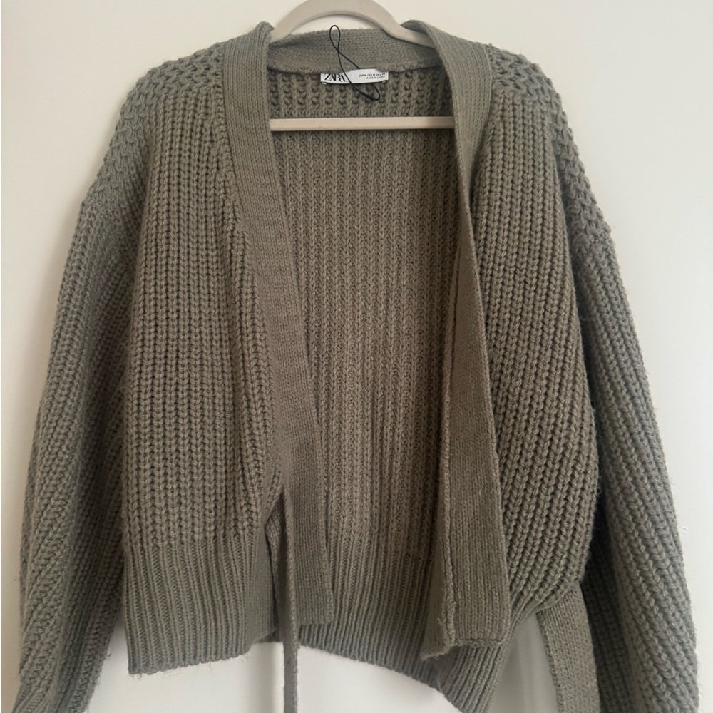 Zara Khaki Chunky Open-Front Knit Cardigan